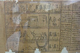 Das Bild zeigt ein Fragment eines alten Papyrus mit Hieroglyphen. Es sind mehrere Szenen abgebildet, die aus dem alten Ägypten stammen. Die Zeichnungen zeigen Menschen, Tiere (unter anderem ein Rind) und verschiedene Gegenstände. Der Papyrus ist gealtert und weist Beschädigungen an den Rändern auf. Die Hieroglyphen sind in schwarzer Tinte geschrieben.