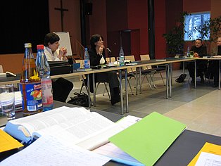 Das Bild zeigt eine Konferenz in einem Raum mit roten und beigefarbenen Wänden. Mehrere Personen sitzen an einem langen, U-förmigen Tisch. Eine Frau im Vordergrund spricht. Auf dem Tisch stehen Getränkeflaschen und liegen Papiere. Im Hintergrund sind weitere Personen zu sehen. Die Atmosphäre wirkt konzentriert und professionell.